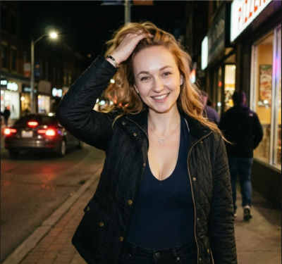 AI-generated image of an unidentified woman on a city street at night