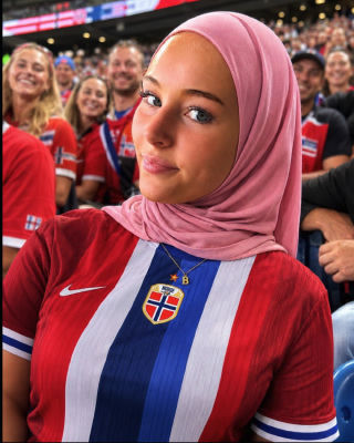 AI-generated image of a Norway football fan in a hijab at a stadium