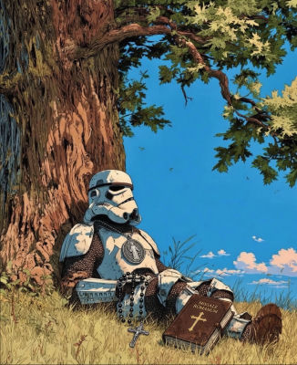 AI-generated illustration of a Star Wars Stormtrooper with Catholic religious items