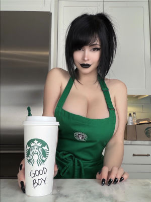 AI-generated image of a person in a Starbucks barista apron holding a 'GOOD BOY' tumbler