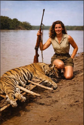 AI-generated image of a woman posing with a hunting trophy tiger
