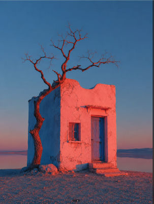 AI-generated image of an adobe chapel and bare tree at sunset