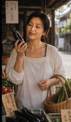 AI-generated image of a woman at a Japanese market