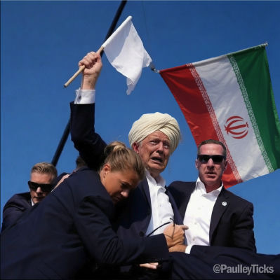 AI-generated image of Donald Trump holding a white flag in front of an Iranian flag