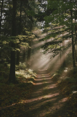 AI-generated forest path with sunbeams through tall trees