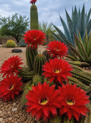AI-generated image of a blooming cactus with red flowers in a desert garden
