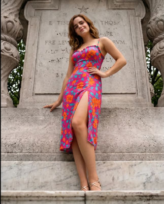 AI-generated image of Emma Watson in a floral dress on stone monument steps