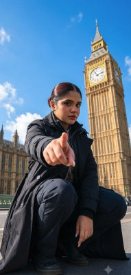 AI-generated image of an unidentified woman posing in front of Big Ben