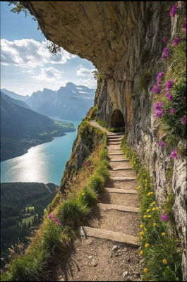 AI-generated image of a cliffside hiking trail overlooking a turquoise mountain lake