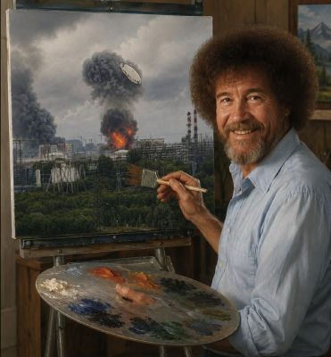 AI-generated image of Bob Ross painting an industrial explosion with a UFO