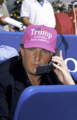 AI-generated image of Donald Trump wearing a Trump 2028 Save America hat