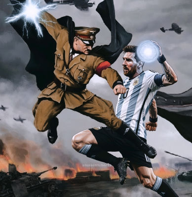 AI-generated illustration of Lionel Messi and Theodor Morell in a WWII battle
