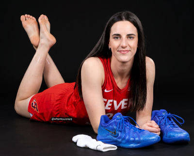 AI-generated image of Caitlin Clark posing in Indiana Fever uniform with blue Nike basketball shoes