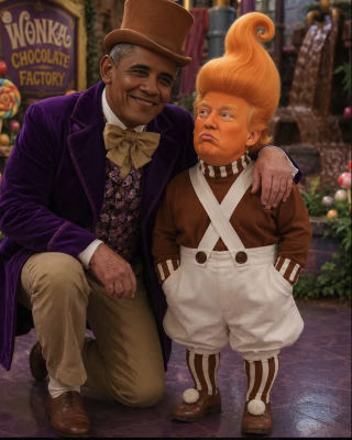 AI-generated image of Barack Obama and Donald Trump in a Willy Wonka parody