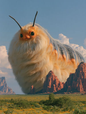 AI-generated image of a giant fluffy caterpillar-like creature in a desert landscape