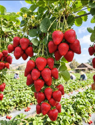 AI-generated image of oversized strawberries on a farm