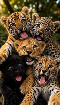 AI-generated image of five big cat cubs huddled together