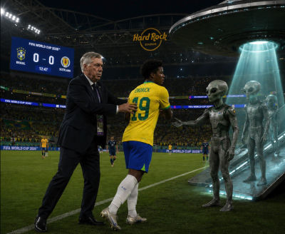 AI-generated image of Carlo Ancelotti and Endrick at Brazil vs Scotland World Cup 2026 match with UFO