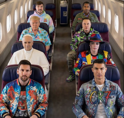 AI image detected of Cristiano Ronaldo, Lionel Messi, Donald Trump, Elon Musk, Michael Jackson, MrBeast, and Denzel Washington on a private jet