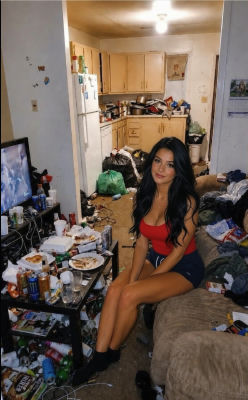 AI-generated image of a woman in a cluttered apartment