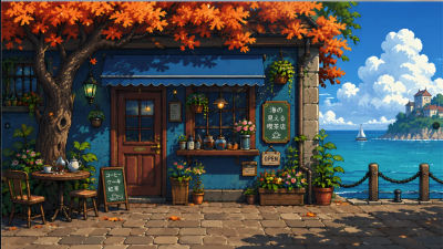 AI-generated illustration of a seaside café with autumn foliage
