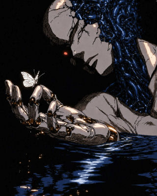 AI-generated illustration of a cybernetic figure with a butterfly