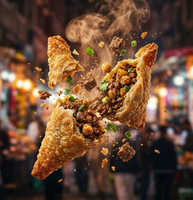 AI-generated image of an exploding empanada with filling mid-air
