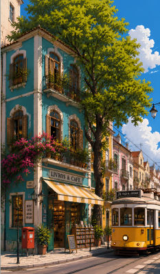 AI-generated illustration of a Lisbon street with the 28 tram and a 'Livros & Café' shop