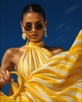AI-generated image of a woman in a yellow striped halter dress