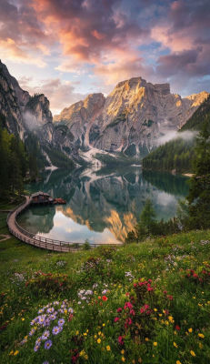 AI-generated alpine lake landscape with mountains and wildflowers