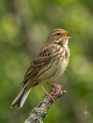 AI-generated image of a small brown songbird singing on a lichen-covered branch