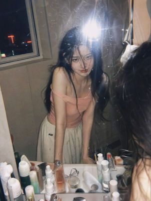 AI-generated image of a woman leaning over a bathroom counter