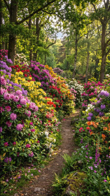 AI-generated garden path lined with blooming rhododendrons