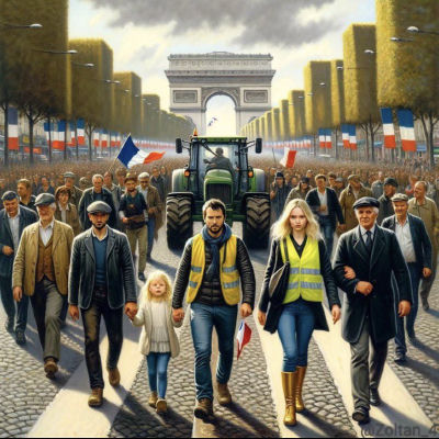 AI-generated image of Mark Rutte at a French protest on the Champs-Élysées