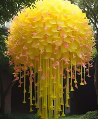 AI-generated image of a yellow hanging floral installation