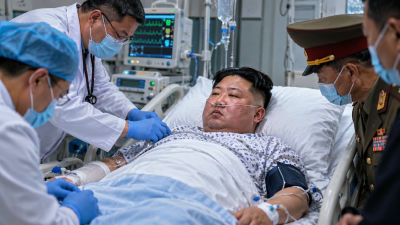 AI image detected of Kim Jong-un in a hospital with medical staff and a military officer