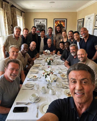 AI-generated image of Sylvester Stallone, Arnold Schwarzenegger, and other action stars at a dinner