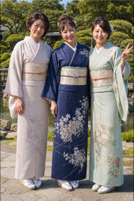 AI-generated image of an unidentified woman and two other women in kimonos at a Japanese garden