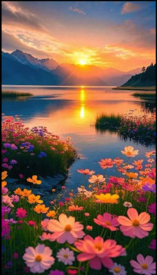 AI-generated sunset landscape with mountains, lake, and wildflowers