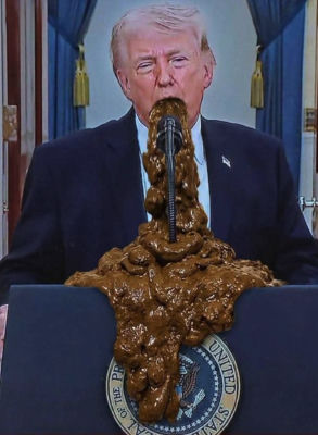 AI-generated image of Donald Trump spewing liquid at a White House podium