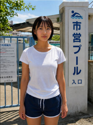 AI-generated image of an unidentified woman at a municipal pool entrance