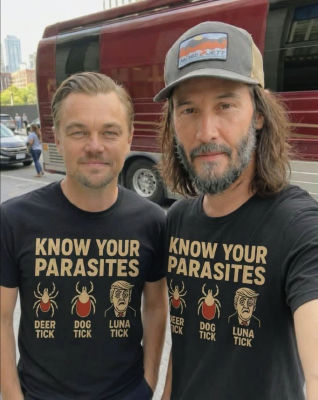 Deepfake of Keanu Reeves and Leonardo DiCaprio wearing matching 'Know Your Parasites' t-shirts