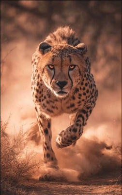 AI-generated image of a cheetah running through dust