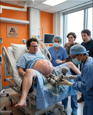 AI-generated image of Dario Amodei in a surreal hospital scene with a robot
