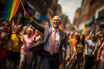 AI-generated image of Mike Pence holding a Pride flag at a parade