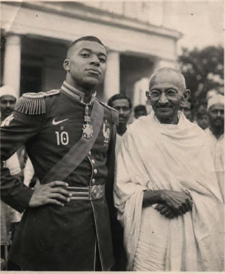 AI-generated image of Kylian Mbappé and Mahatma Gandhi posed together