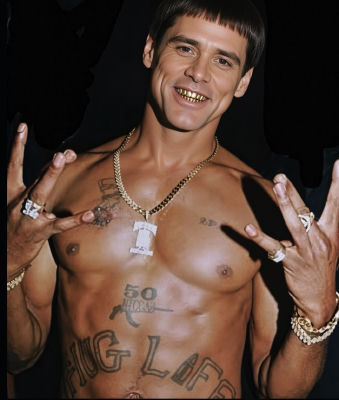AI-generated image of Jim Carrey shirtless with gold grill and tattoos