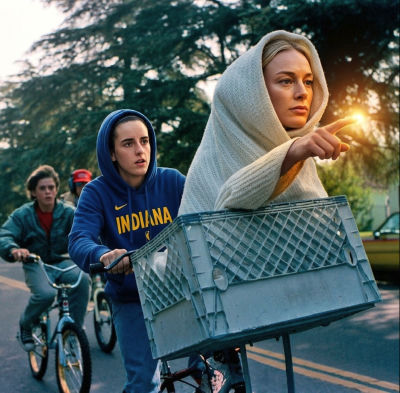 This is an AI-generated meme parodying the iconic bicycle-basket scene from the 1982 classic movie E.T. the Extra-Terrestrial, featuring stars from the Indiana Fever WNBA team.