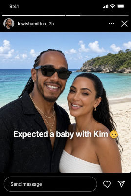 AI-generated image of Lewis Hamilton and Kim Kardashian on a beach