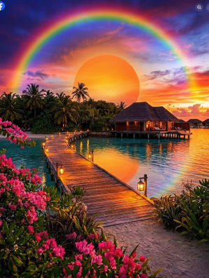 AI-generated tropical sunset resort scene with rainbow